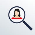Woman face flat icon with magnifying glass. Customer target and human resources searching concept. Vector illustration Royalty Free Stock Photo